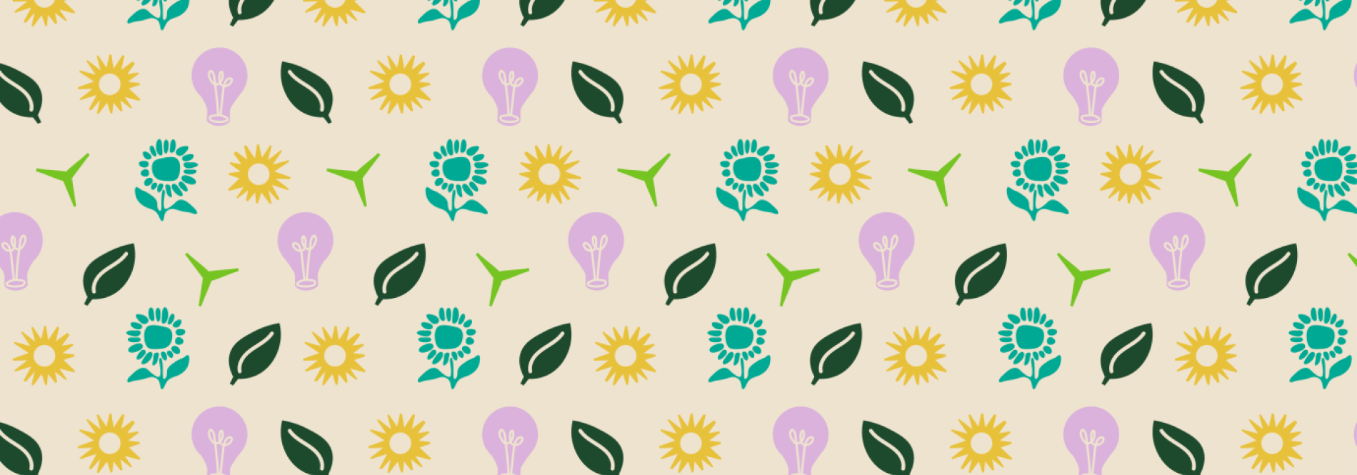 patterned background with light bulbs, flowers, suns, leaves and wind turbines